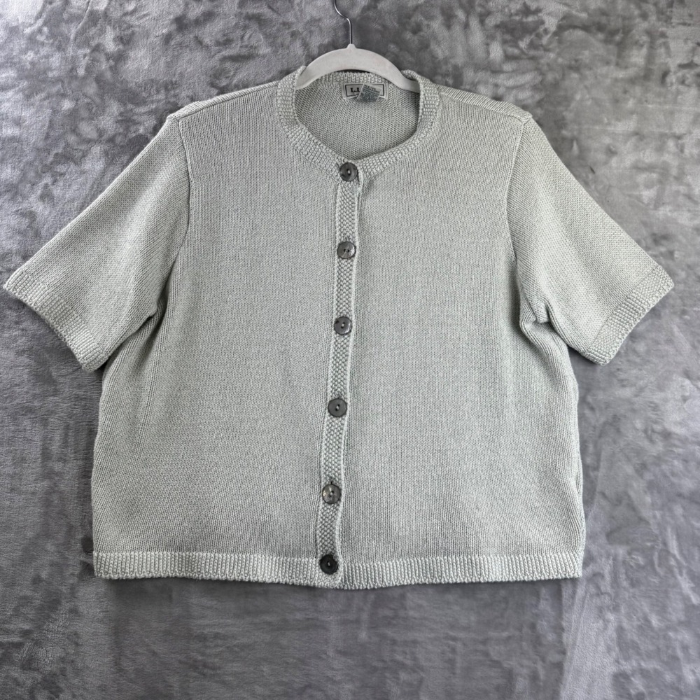 LL Bean Cardigan Sweater Women L Green Short Sleeve Cotton Blend Scotland (1846)